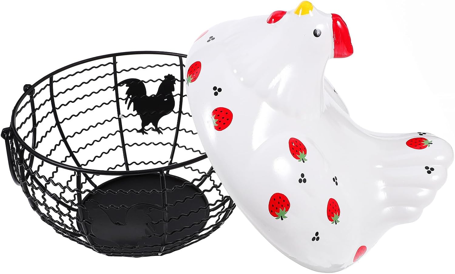 Creative Farmhouse Style Iron Egg Basket with Ceramic Cover for Kitchen Egg Storage and Decorative Piece, Multi-functional Basket Suitable for Fruit and Craft Supplies