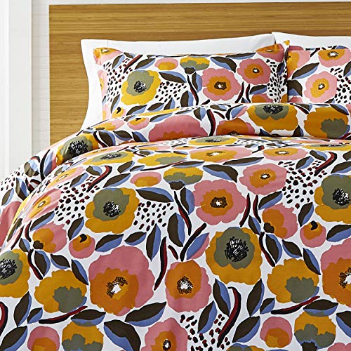 Image of MARIMEKKO - Queen Duvet Cover Set, Cotton Percale Bedding with Matching Shams & Button Closure, All Season Home Decor (Rosarium Pink, Queen)