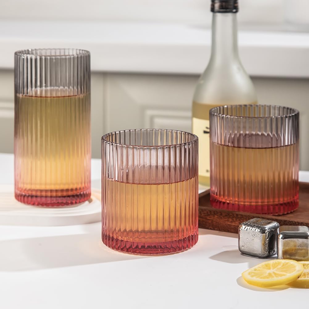 Ribbed Drinking Glasses 8pcs, 12oz and 10oz Glassware, Tumbler Glasses Cup Set for Wedding, Party, Christmas Gift, Grey Pink - Image 7