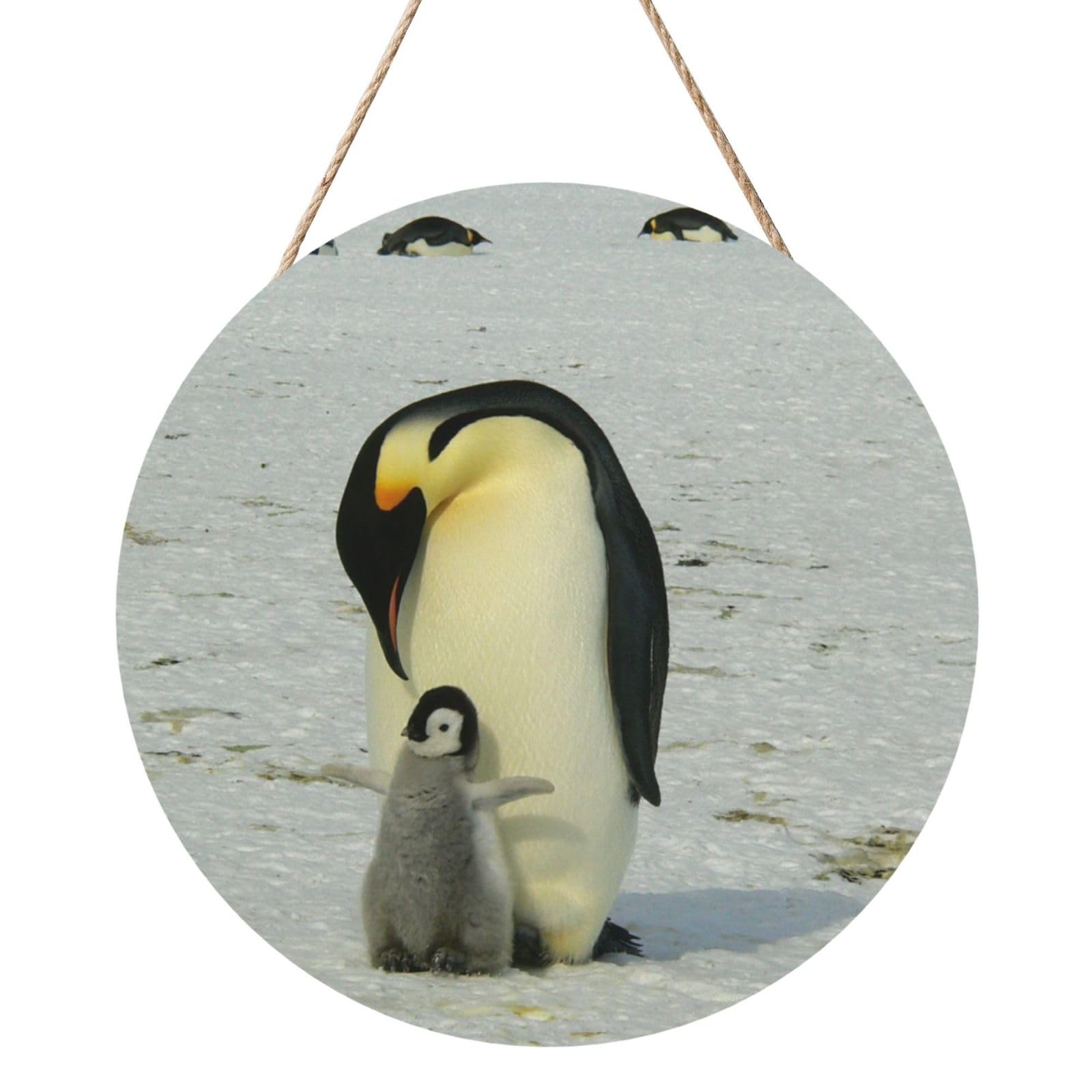 InOmak Mother Penguin And Baby Penguin, Round Wood Panel Painting 12 in, Wall Hanging Painting For Home