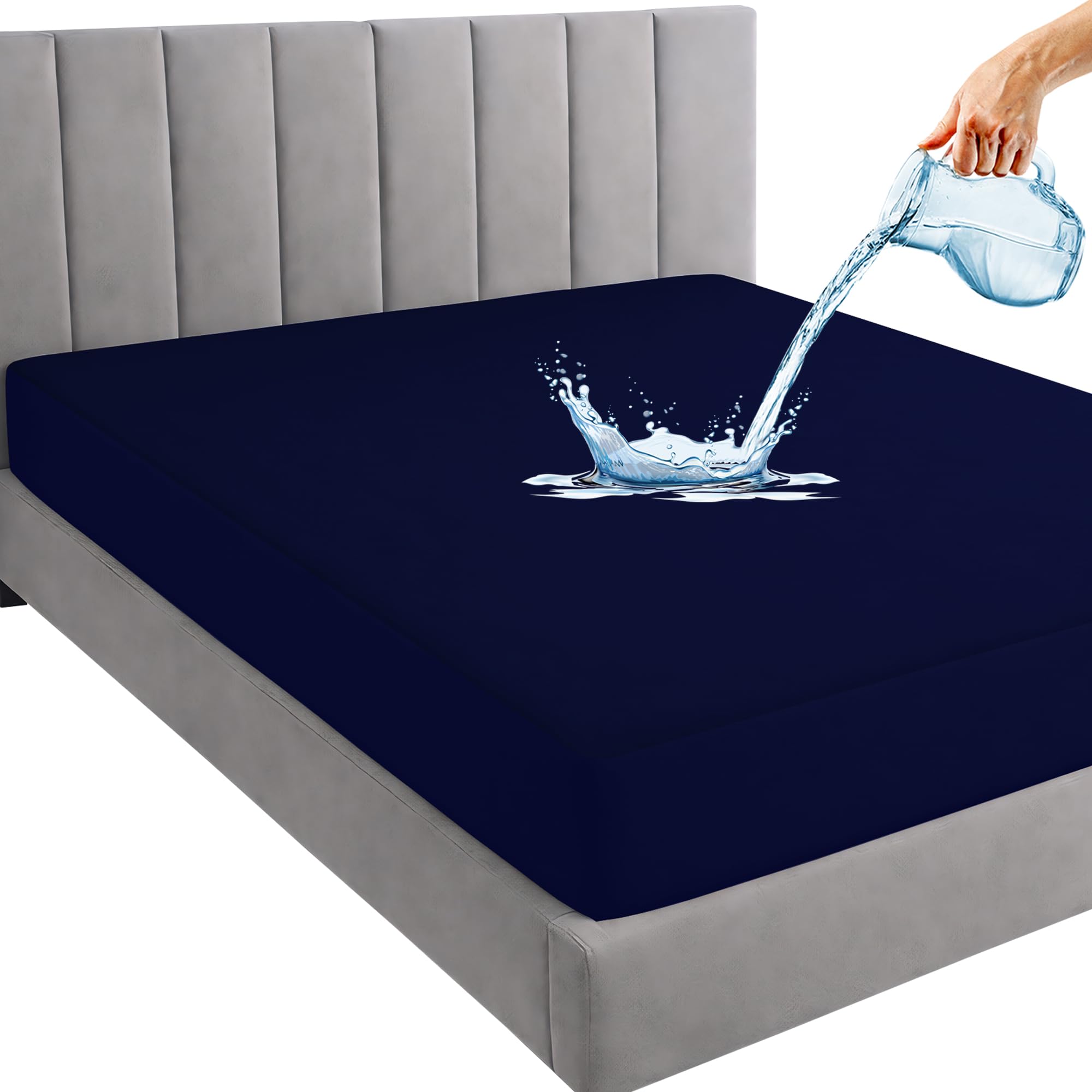 Mattress Protector Bamboo Waterproof Bed Topper - Queen Size 72" X 60" Skirting 2-10 Inch Dark Blue (215 GSM), Polycotton