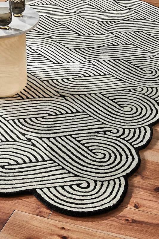 Image of Premium Collection Anti-Skid Woolen Handmade Carpet for Living Room Bedroom Drawing Room Hall and Floor Size 6x8 feet Black & White