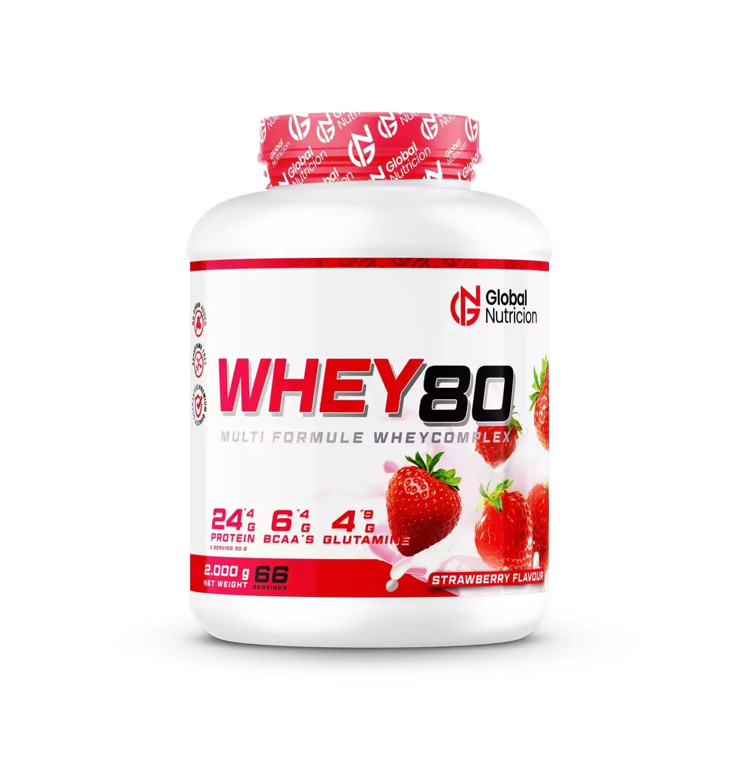GlobalNutricion Whey 80 Białko w proszku serwatki 2 kg Truskawka | Naturalne BCAA, Niskotłuszczowe i cukrowe, przyczynia się do wzrostu masy mięśniowej, Poprawia Twoje treningi