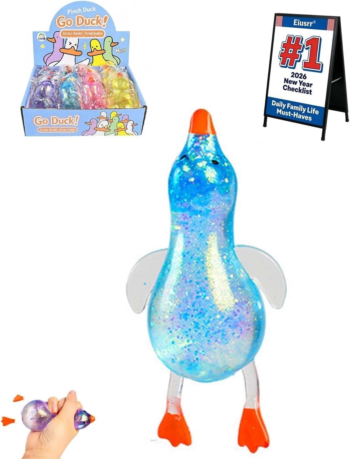 Sparkly Glitter Duck Squishy, Glittery Soft Cute Crystal Goose Squeezy , Magical Sensory Fidget Fuzz Ball Sugar Filled, Adorable Stress Relief Toy - The Decompression for Office and Home(Blue)