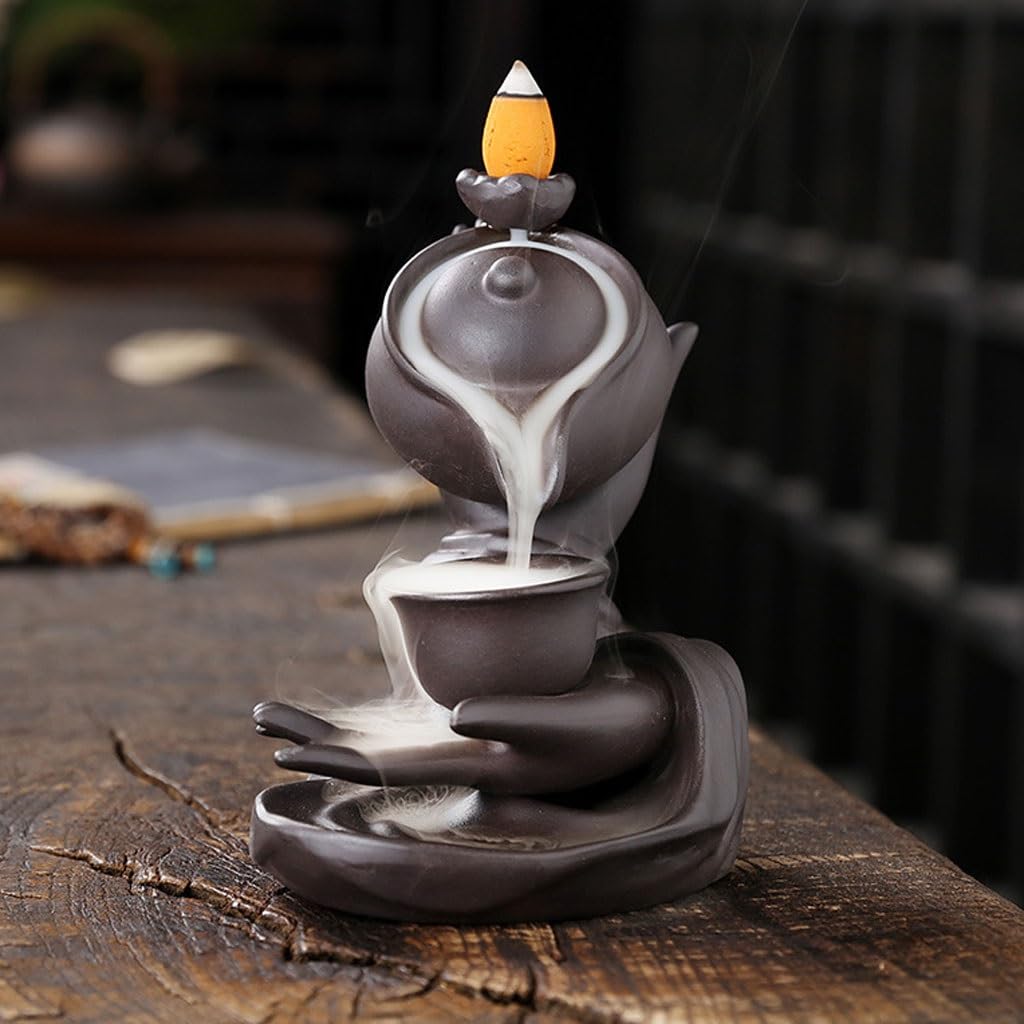 Quemador de Incienso Quemador de Incienso de reflujo de Mano de Buda, Adornos de decoración del hogar, Quemador de sándalo de reflujo de Tetera Creativa Quemador de Incienso en Cascada(B)