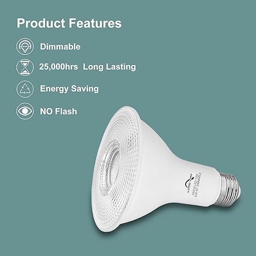 Miniatura 3 de LumStory PAR30 Bombilla LED 3000K luz de inundación blanca cálida de cuello largo regulable 12 W E26 40 grados foco halógeno 75W reemplazo para