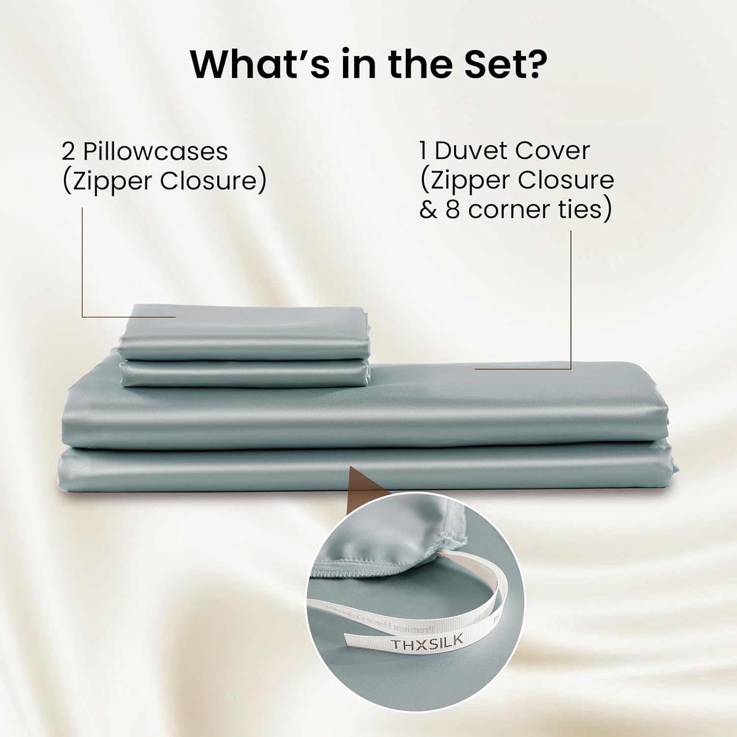 THXSILK Luxury King Silk Duvet Cover Set 3 Pieces, Extra Soft, Breathable & Cooling Bedding Set, Machine Washable & Durable, 1 Duvet Cover & 2 Pillowcases with Zipper Closure(Stone Blue)