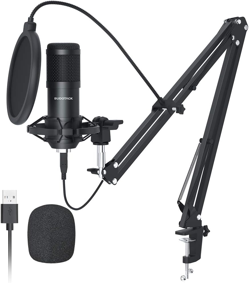 SUDOTACK USB Streaming Podcast PC Microphone, Professional 192KHZ/24Bit Studio Cardioid Condenser Mic Kit with Sound Card Boom Arm Shock Mount Pop Filter, for Skype Youtuber Karaoke Gaming Recording