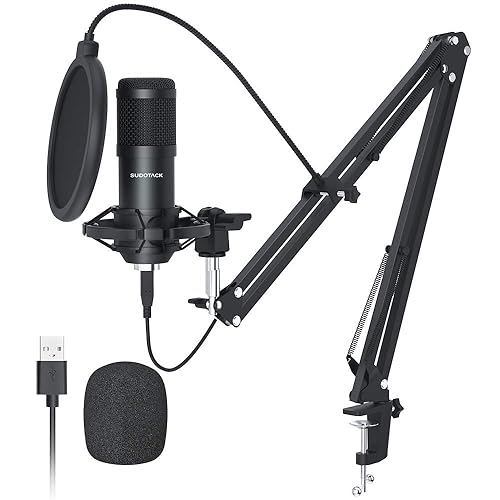 Sudotack USB Streaming Podcast PC Microphone, 192KHz/24Bit Studio Cardioid Condenser Mic Kit with Sound Card, Boom Arm, Shock Mount, Pop Filter, for Skype, YouTuber, Karaoke, Gaming, Recording