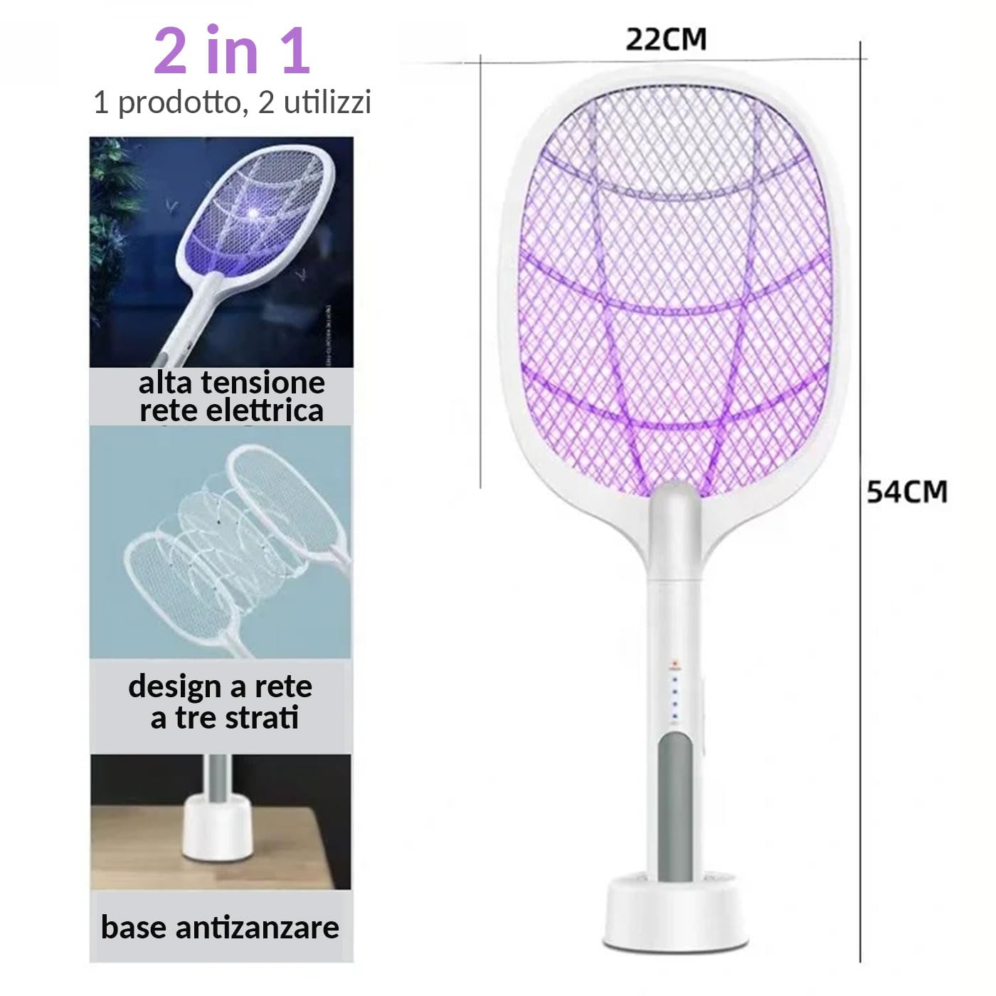 Racchetta Zanzare Elettrica 2 in 1 con Base e LED – Fulmina Insetti, Ammazza Mosche Portatile Ricaricabile USB 2 Pezzi