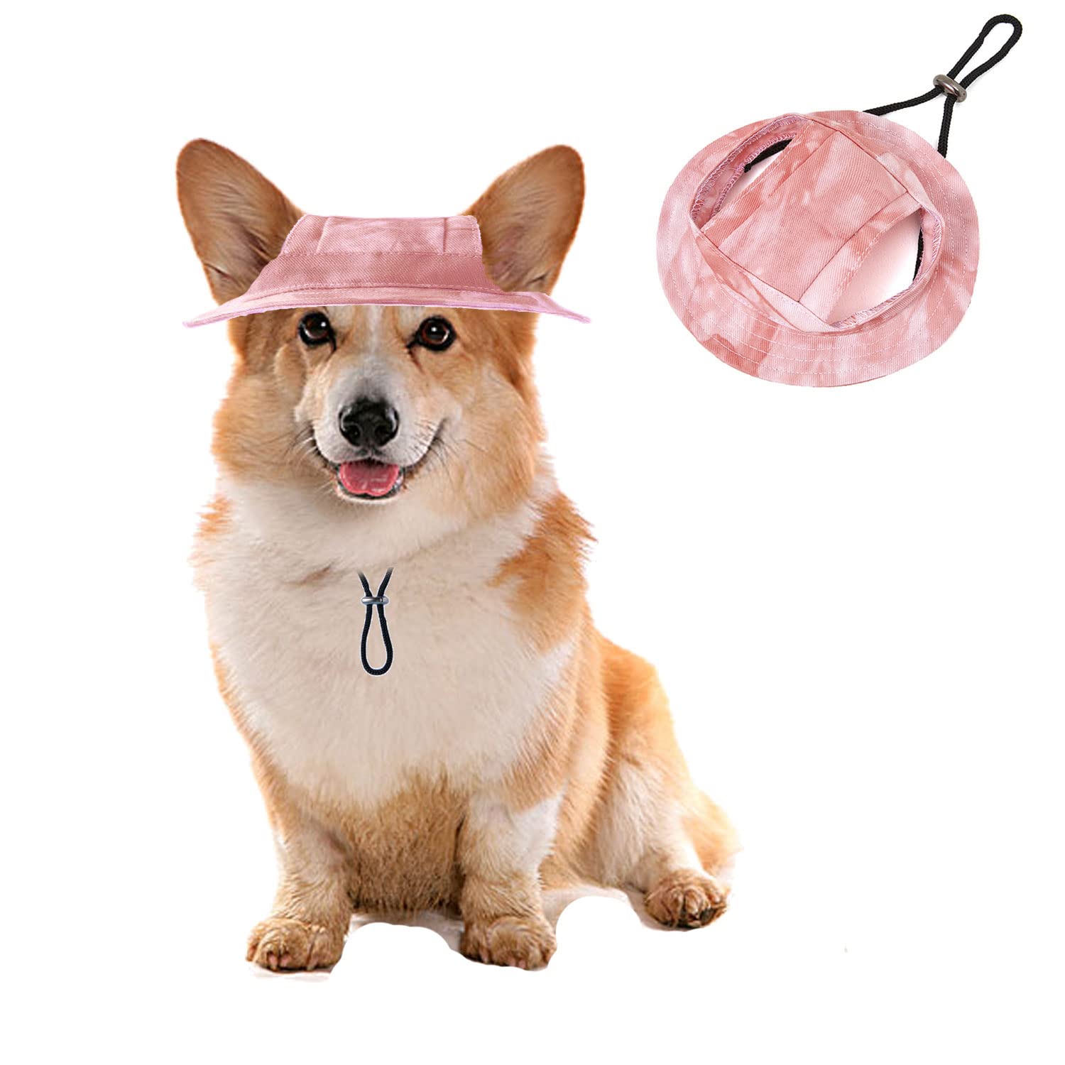 HDKUW Dog Bucket Hats, Dog Round Cap with Ear Hole, Adjustable Outdoor Travel Sun Protection Sport Hat for Cat Small Medium Dogs Pink M
