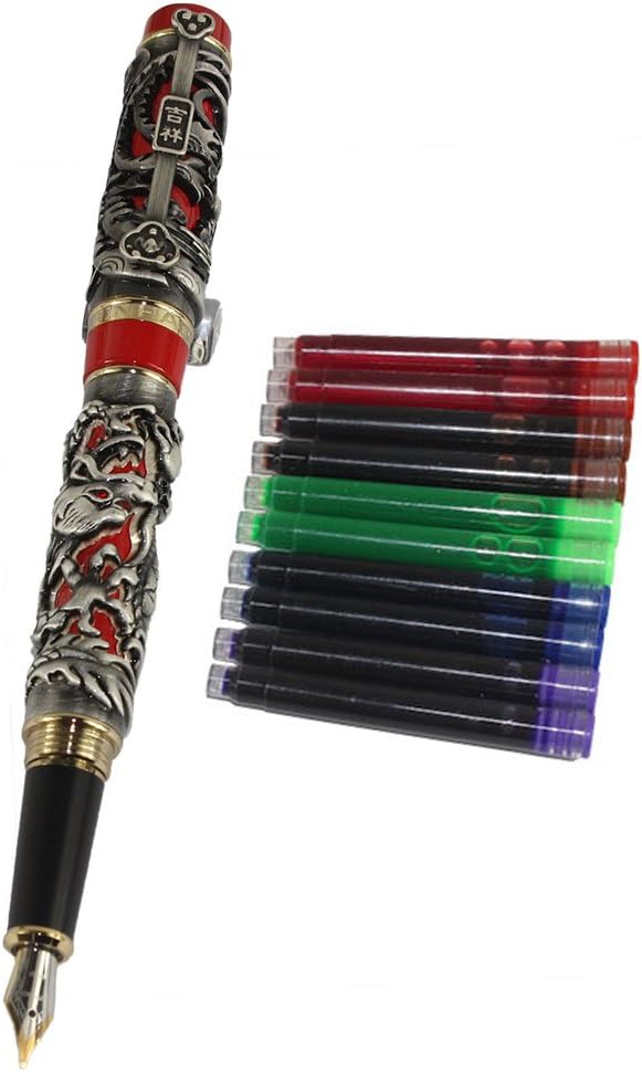 Gullor Noblest Dragon and Phoenix Fountain Pen with PU leather pen pouch and 5 colour ink cartridge - Antique Silver and red