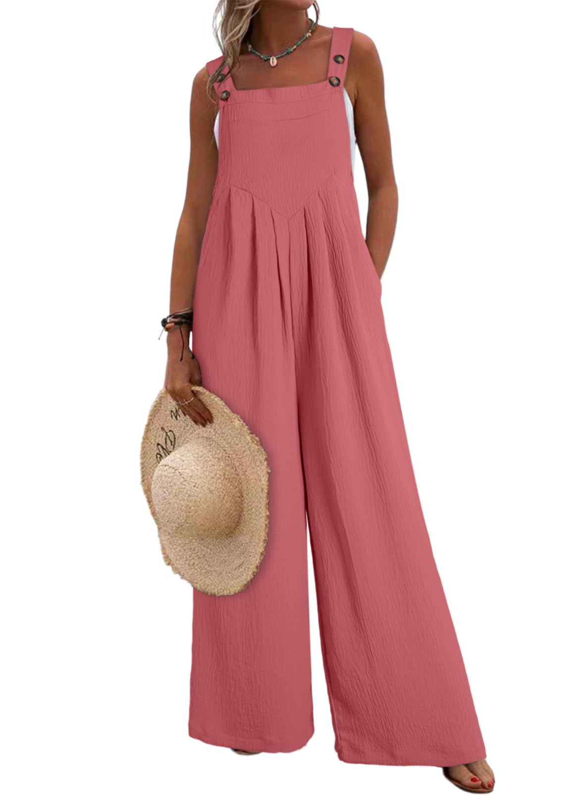 Dokotoo Women's Casual Loose Overalls Jumpsuits One Piece Long Pant Rompers | Solid Color Stretchy Jumpsuit, Sleeveless Wide Leg Jumpsuits for Women,