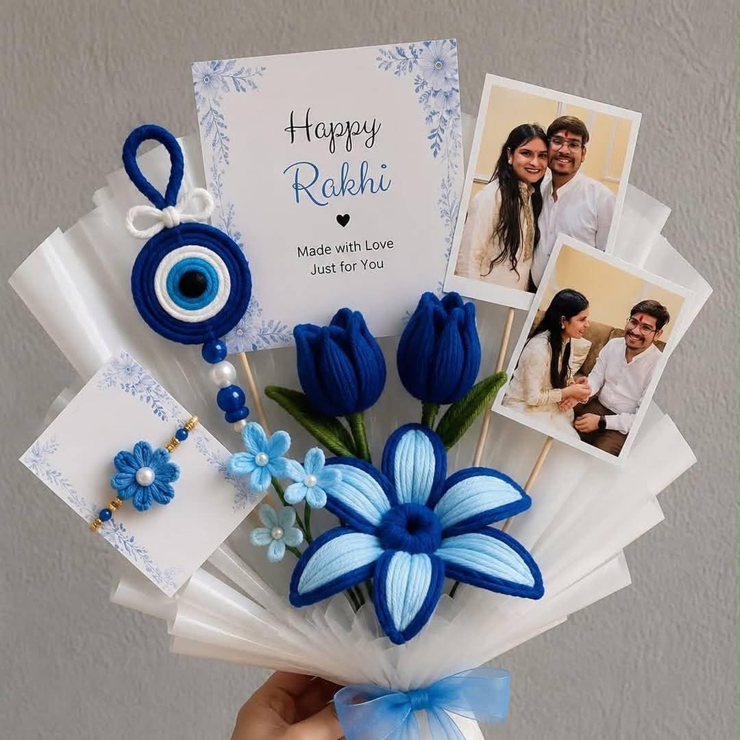 Darak Gifting Co. | Handmade Rakhi Gift Bouquet with Personalized Photo Cards | Evil Eye Charm & Pipe Cleaner Flowers | Rakhi Gift for Brother-image-22