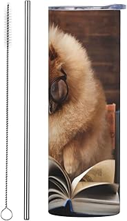 BAAROO Vaso de acero inoxidable con aislamiento al vacío, diseño de libros de perros, con tapa y popote, de 20 onzas, con diseño de libros divertidos de perros