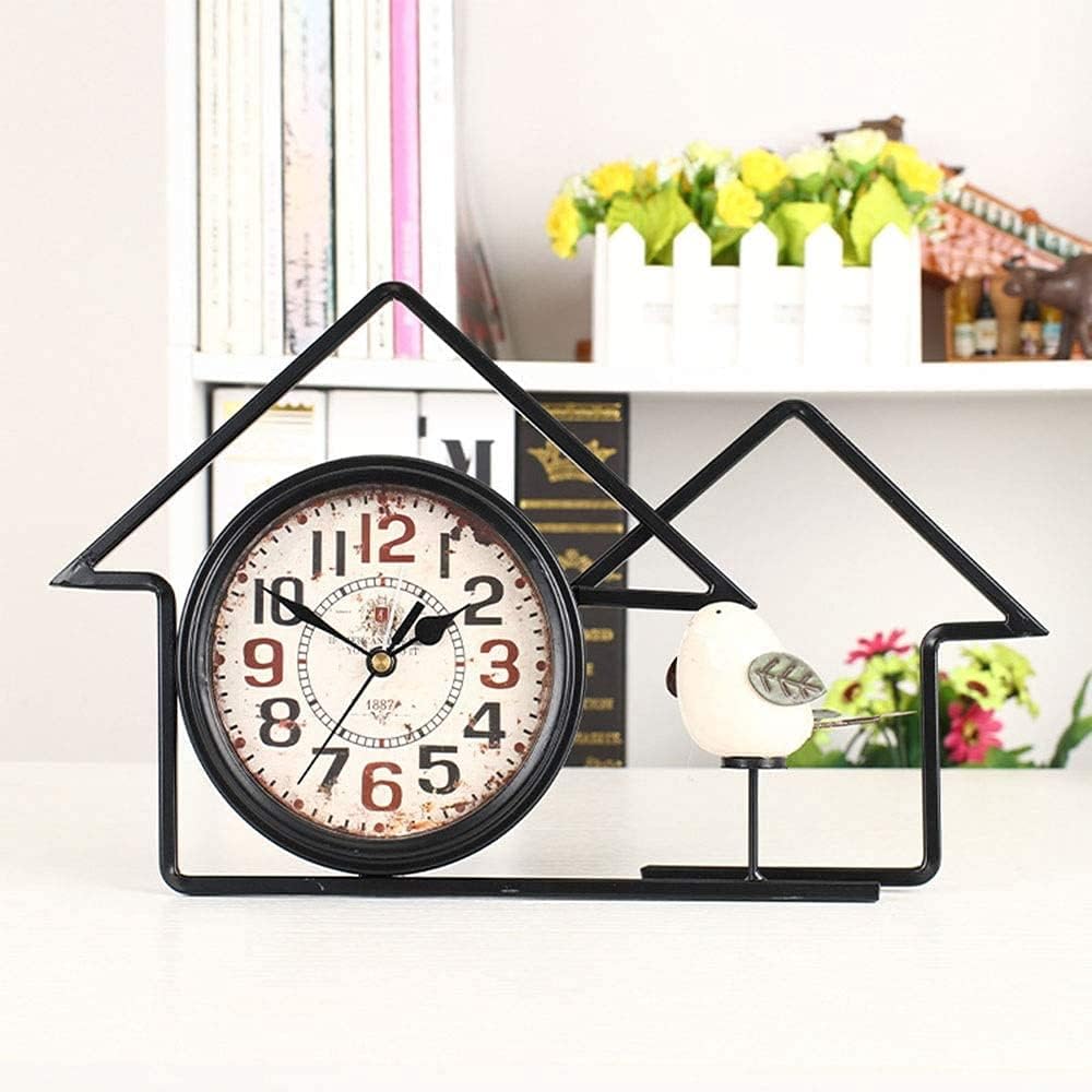 Wall Clock Country House Restore Ancient Ways of Iron Mute Desk Clock Personality Desktop Clock Desk Archaize Clock Bird Clock Decorative Clock 33.5 * 20cm (Color : Black) (Color : Black)