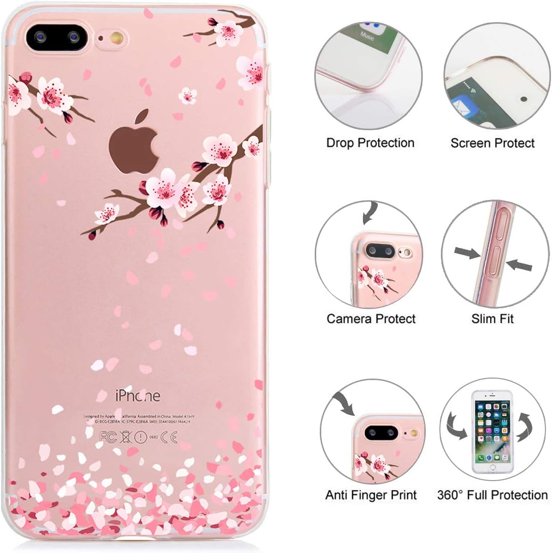TRENSOM iPhone 8 Plus Clear Flowes Case iPhone 7 Plus Case Floral Clear Soft TPU Slim Flexible Shockproof Phone Cases for Women Girls-Fun Pink Peach Blossom[5.5"]
