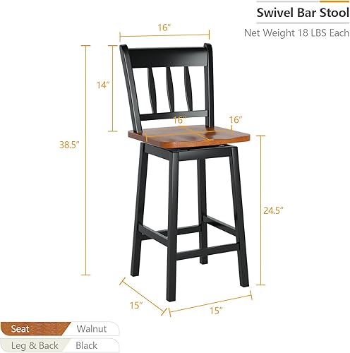 Miniatura 3 de COSTWAY Juego de 2 taburetes de bar, sillas de bar de madera de goma maciza de 24.5 pulgadas con giro de 360, reposapiés, taburetes de bar