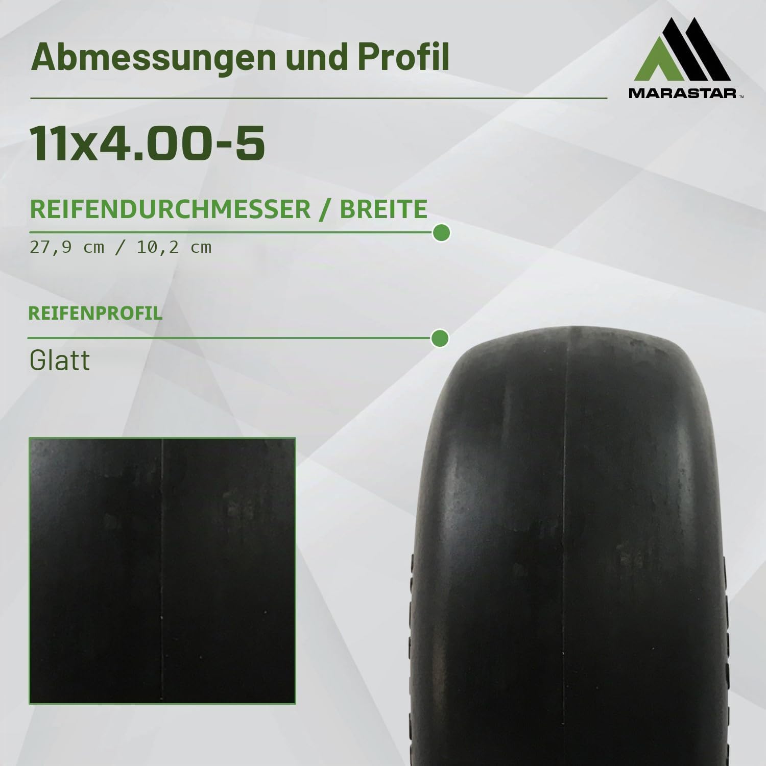 MARASTAR 00232 Universal Fit Flat-Free 11x4.00-5 Reifen und Radmontage, Zero Turn Rasenmäher Ersatzreifen, glatte Lauffläche, Adapter-Kit im Lieferumfang enthalten