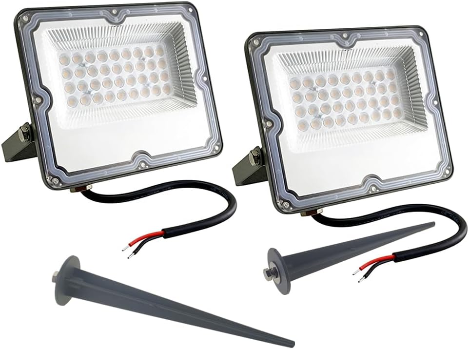 QUANS 2-Pack 50W LED Flood Lights Cool White 6000K, 12V-60V DC AC Low Voltage Waterproof Outdoor Lighting for Garden, Pathway, Security with Stake Stakes