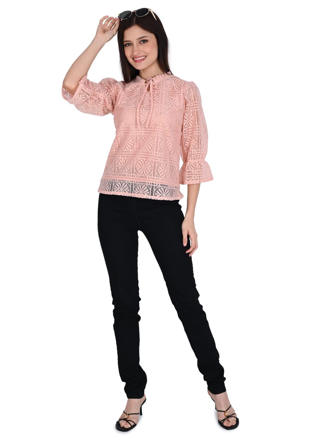 ORIEX THE ORIGINAL FASHION ORX-Girls tie up Neck Long Bishop Sleeves Knitted net top-141 (in, Alpha, XL, Regular, Peach) - Image 5 thumbnail