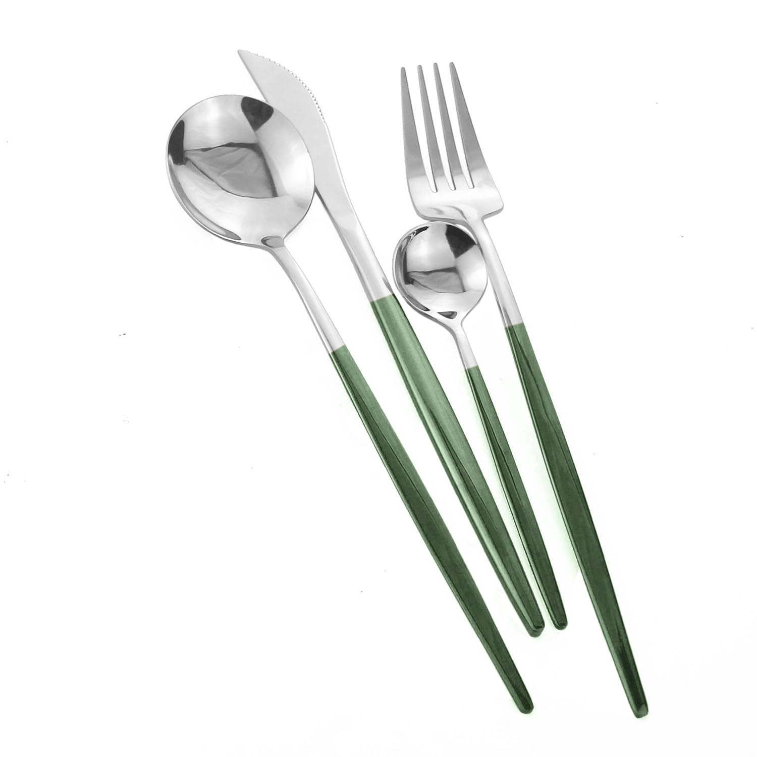 Dnalrhoi 24-Piece Korean Silverware Set Mirror Polished Stainless Steel Modern Flatware Cutlery Set Service for 6 Including Forks Spoons Knives Kitchen(Dark Green Silver)