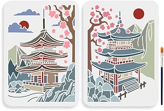 MAYJOYDIY 2pcs Japanese Zen Temple Stencil 11.7×8.3inch Large Japanese Style Temples Stencil with Paint Brush Sacred Pagoda Drawing Template for Wood Walls Canvas Furniture Crafts
