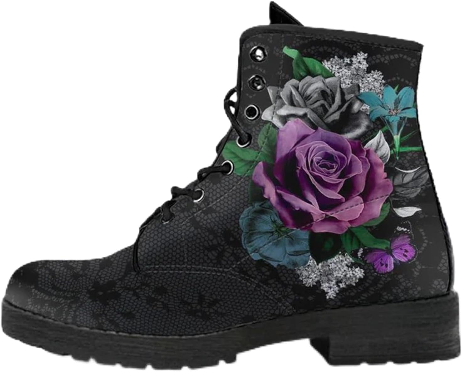 Women's Printed Ankle Boots with Flower Rose Colorful Floral Combat Boot Platform Lace-up Booties in Jeans Dress Comfortable Casual Fashion Custom Shoes for Travel Festival Party Daily, Black
