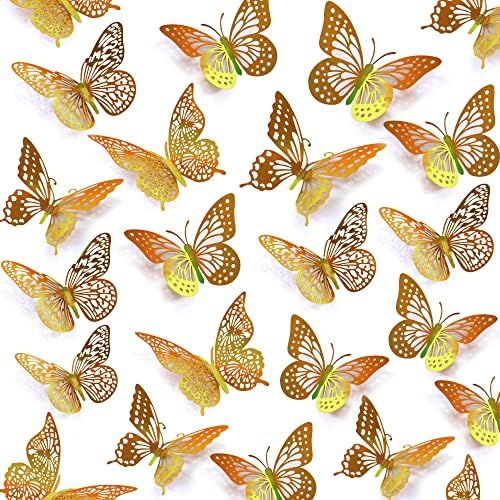 SAOROPEB 3D Butterfly Wall Decor 48 Pcs 4 Styles 3 Sizes-Butterfly Birthday Decorations&Butterfly Party Decorations&Butterfly Cake Decorations-Removable Gold Butterfly Decorations (Laser Gold)