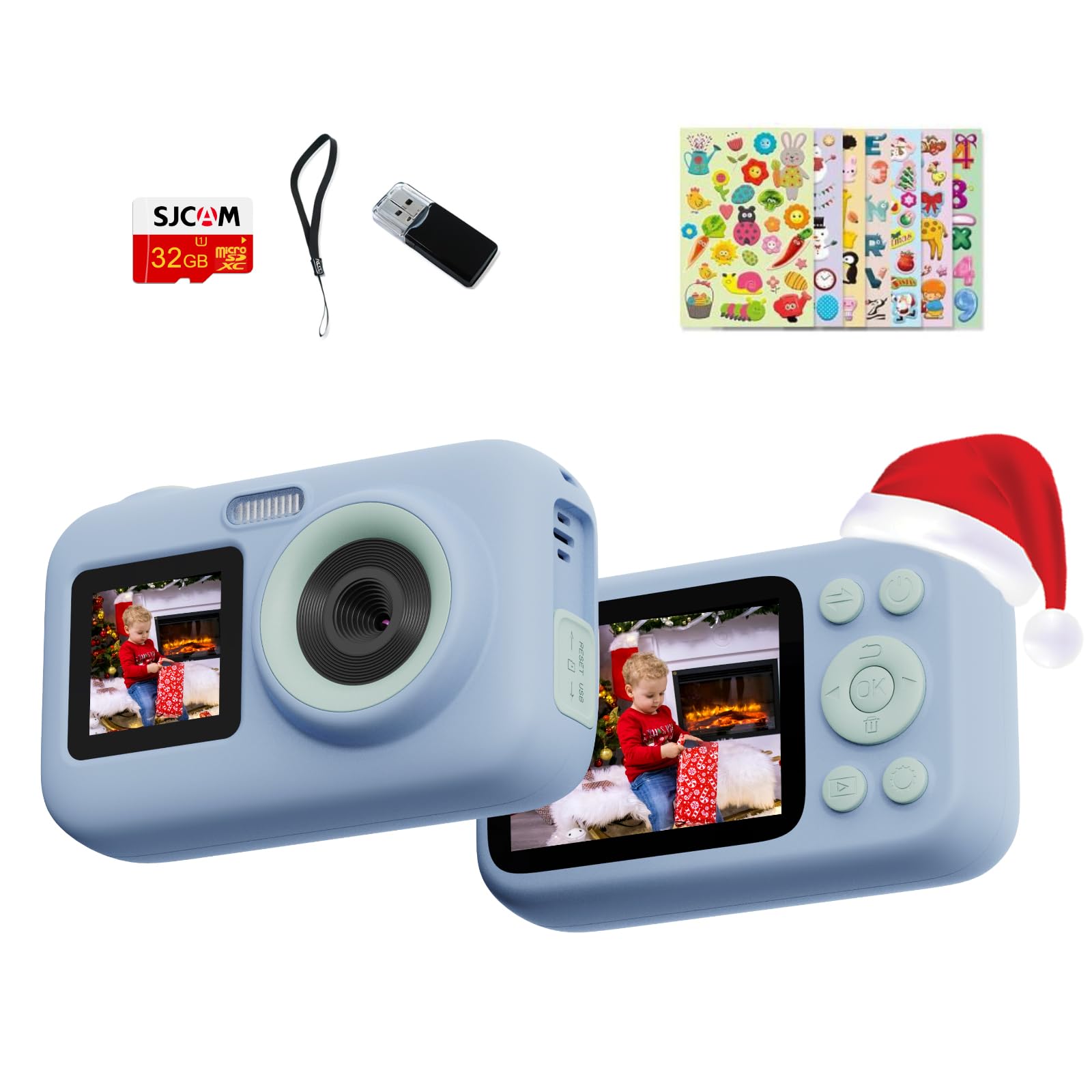 SJCAM macchina fotografica bambini,1080P 2.4'' 1.3'' doppio colore schermo LED Bambini fotocamera digitale Vedio Compleanno Regali di vacanza con 32G Card, adesivo per età 3-10 anni ragazze ragazzi