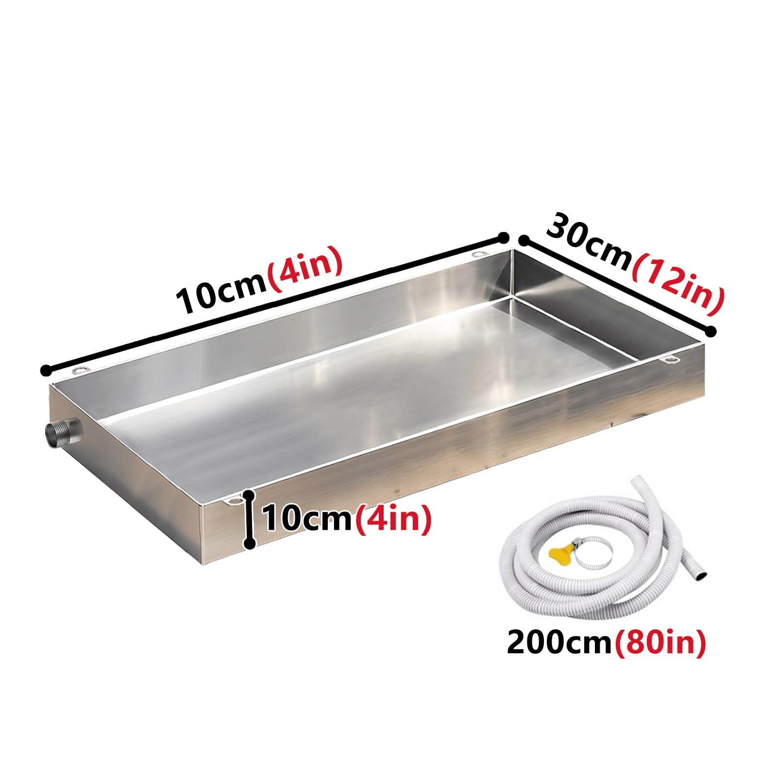 Bandeja Recogegotas de Acero Inoxidable 304 Altura 10 cm con Manguera de Desagüe de 2 M y 2 Abrazaderas for Aire Acondicionado Lavadora y Calderas(10x30cm(4x12in))