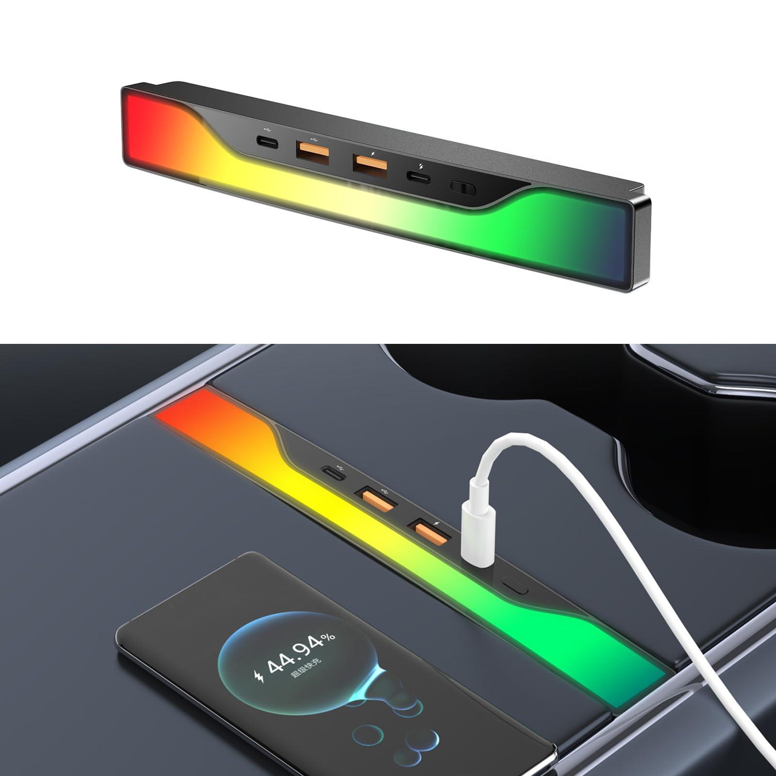 Hub USB de luz RGB Tesla con modelo 3 modelo Y 2021 2022 2023 2024, cargador USB de coche, accesorios interiores multipuerto, apto para estación de acoplamiento de consola central Tesla