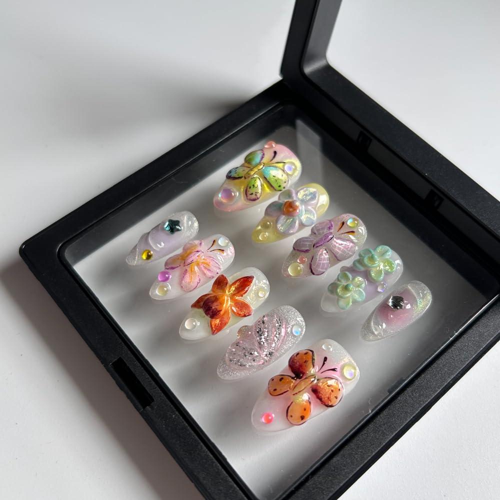 Press On Nails Handmade Medium Length Almond, 3D Cute Glossy Art Designs Fake Nails, Reusable Acrylic Artificial Stick On Nails, 10 Pcs False Nails Set (Size XS)