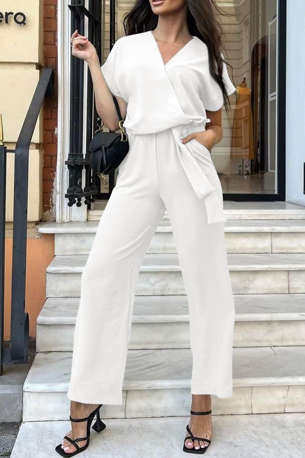 PRETTYGARDEN Women's One Piece Jumpsuits Dressy Casual Summer Short Sleeve Wrap V Neck Wide Leg Pants Romper Spring Clothes - Image 4