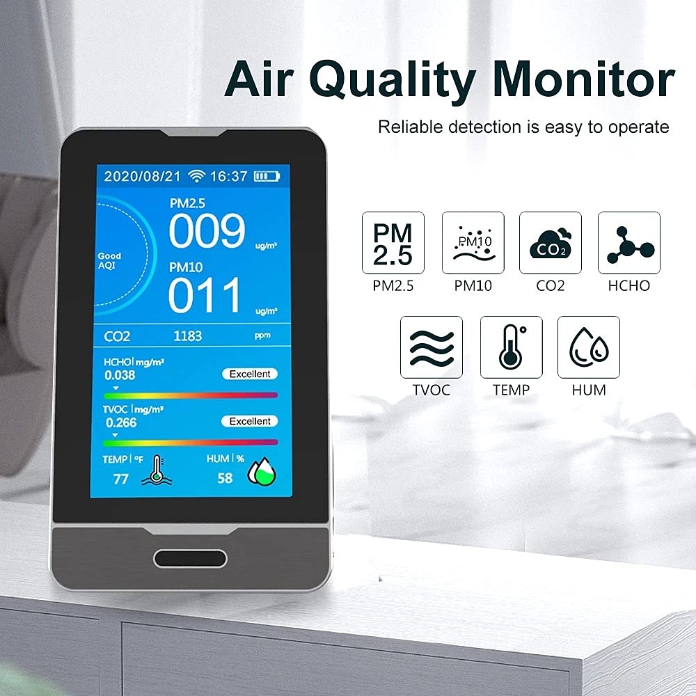 CO2 Carbon Dioxide Monitor, Detect PM2.5/10/1.0 Micron Dust, Temperature Humidity Meter, Real Time Monitor, 3000mAh Battery, 4.3 Inch Screen