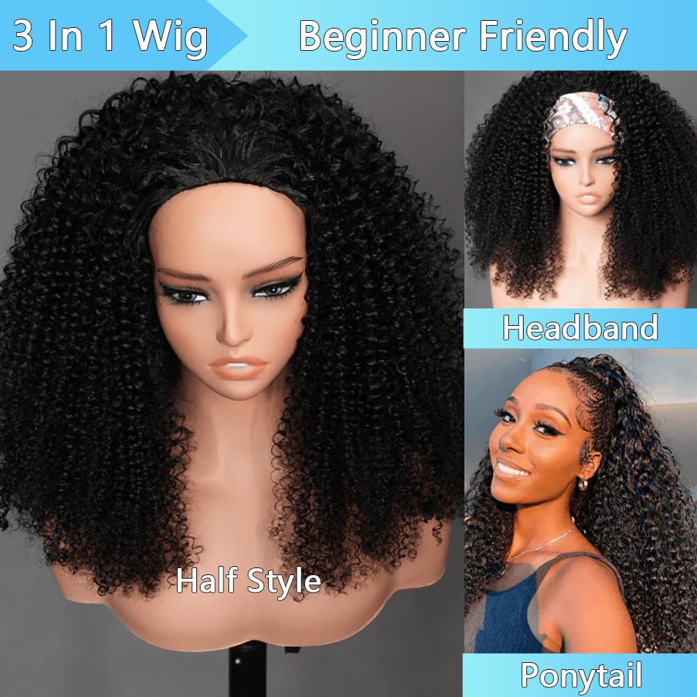 QUANDIAN Kinky Curly Human Hair Glueless 3-in-1 Half Wig, Natural Color
