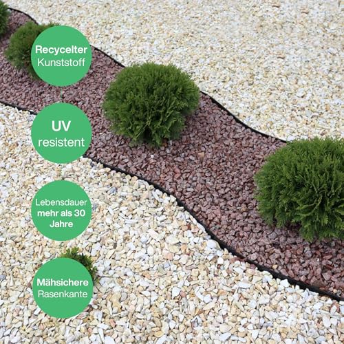 Flexible Rasenkante Kunststoff schwarz 10 m, 20 cm hoch - Robustes Stay-in-Place Design - Sehr Gut zu Verarbeiten, Min. 30 Jahre Lebensdauer, Unsichtbar - Beeteinfassung aus 100% recyceltem Plastik