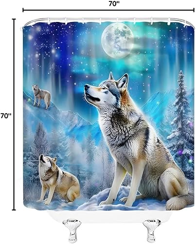 Miniatura 10 de Cortina de ducha de lobo, bosque de invierno, aullando bajo luna llena, pino, montaña nevada, vida silvestre, Navidad, decoración de baño, cortinas
