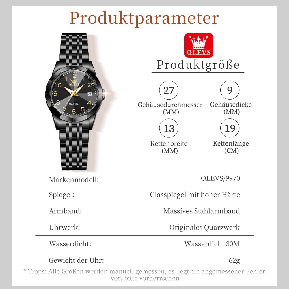 OLEVS Damenuhr Diamant Analog Quarz Uhren Damen Edelstahl Wasserdicht Leuchtend Modisch Elegantes Kleid Armbanduhr Armreif Geschenk Set