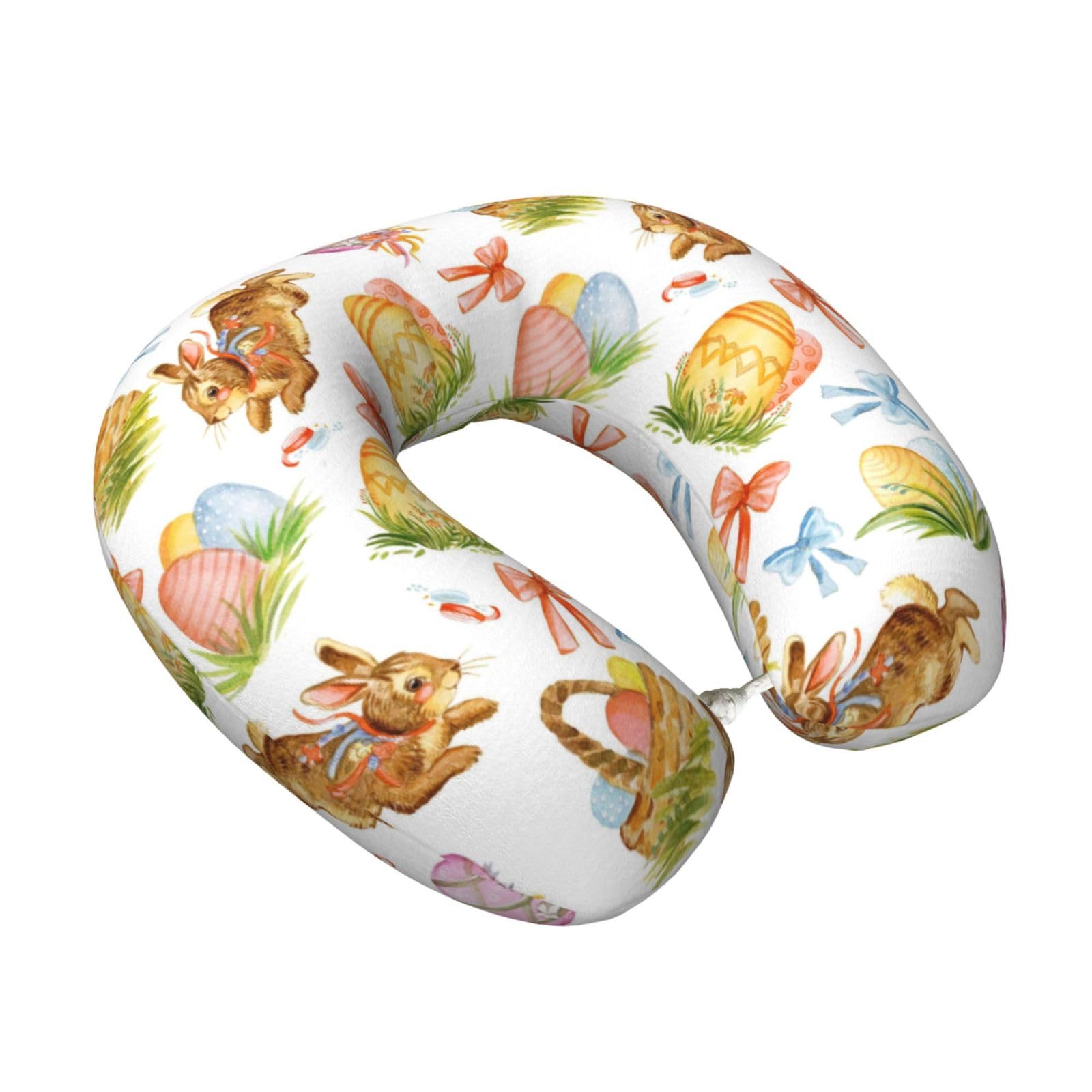 LKYMOH Watercolor Easter Rabbit Egg, Travel Neck Pillow U-Shaped Memory Neck Support Soft Comfortable With Washable Cover For Airplane Car Traveling and Office
