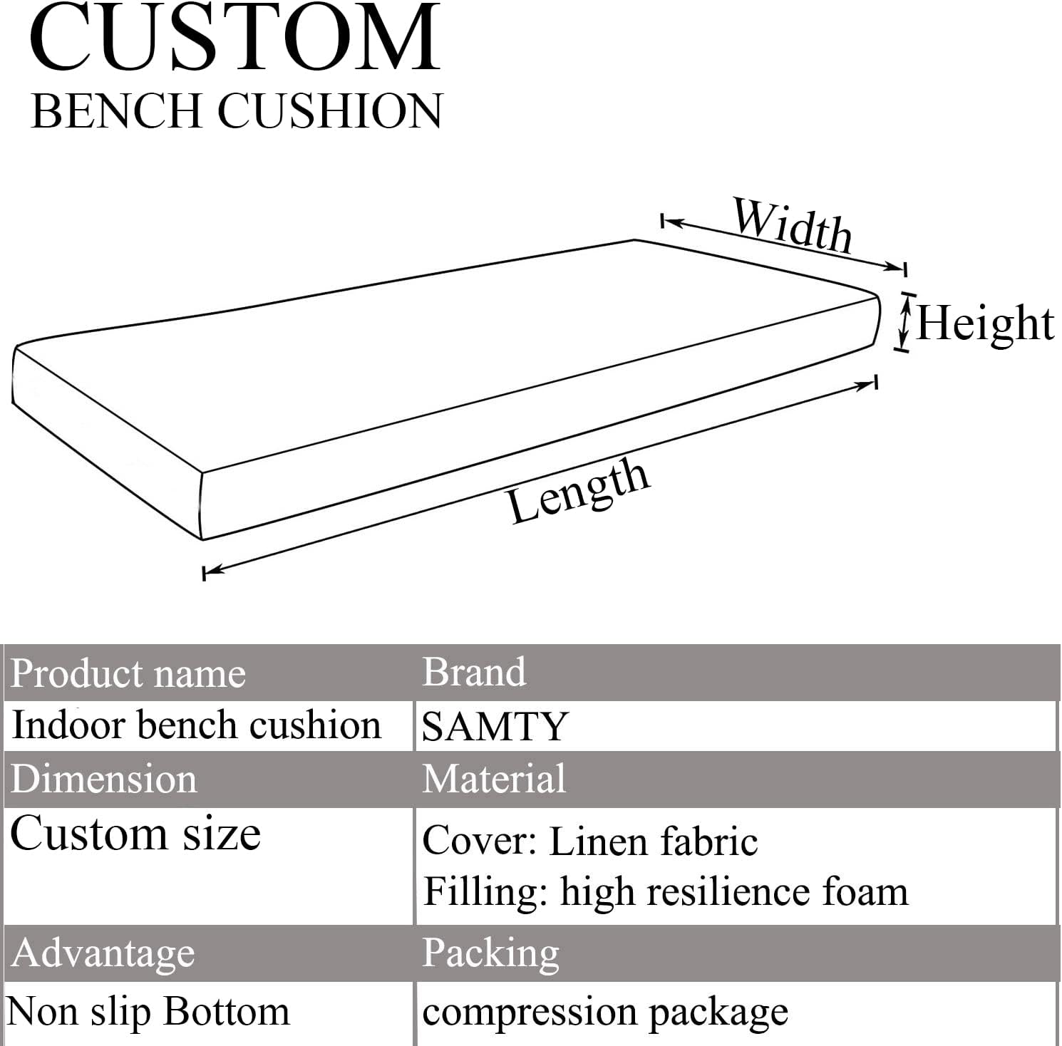 SAMTY Custom Size Bench Cushion for Indoor/Outdoor Furniture Window Seat Cushions Non Slip Bottom Kitchen Settee Pad