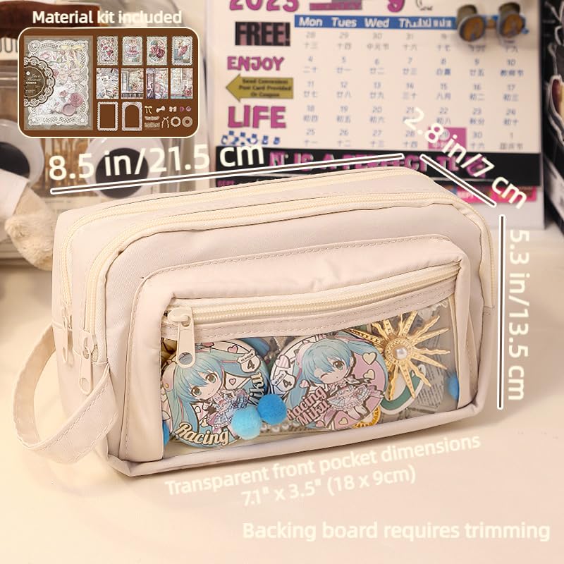 Image of ITA Pencil Pouch Anime Display Pen Case Stationery Bag with Clear Insert & Stickers for Teens College Students (Beige)