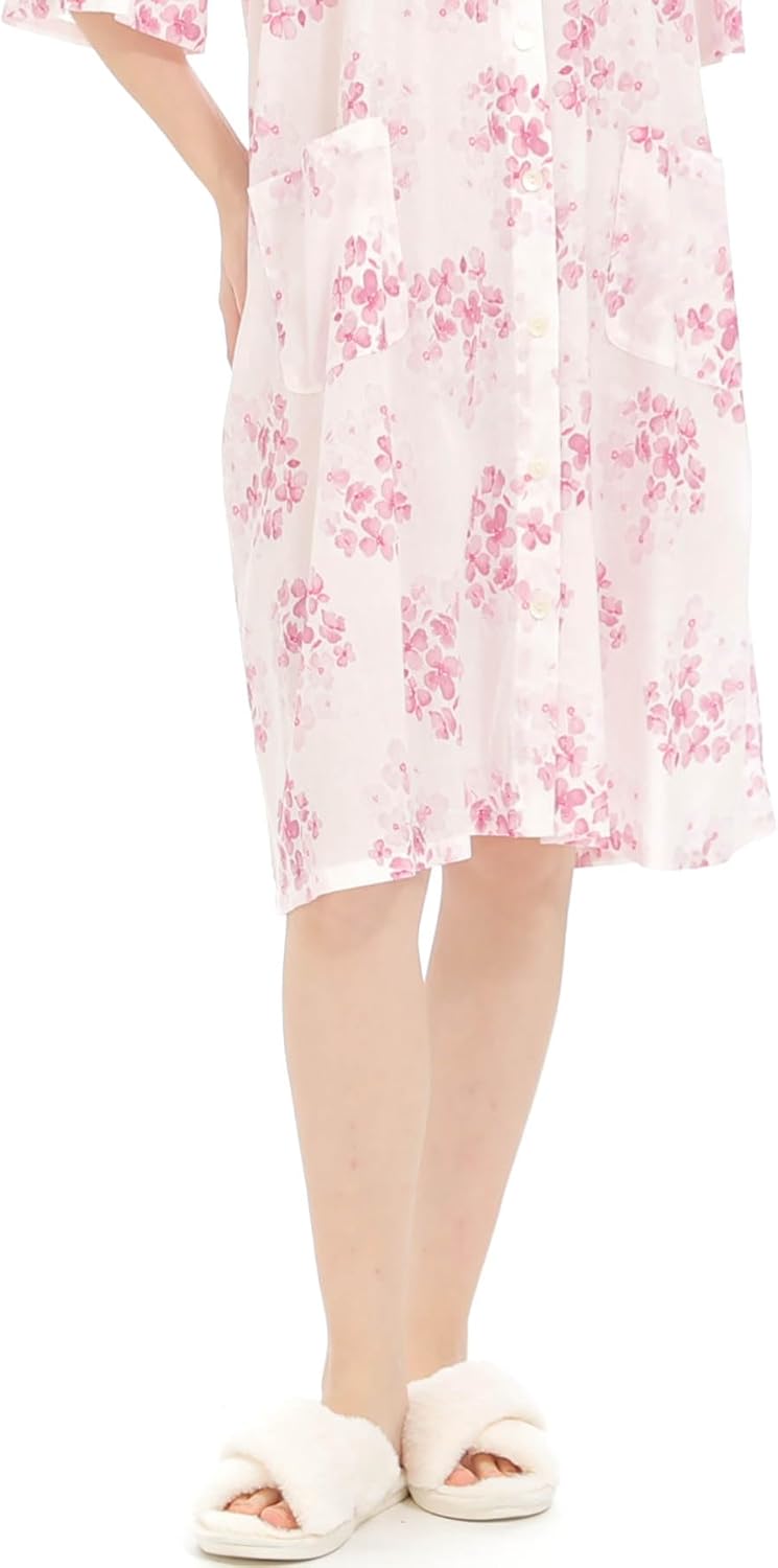 [ナルエー] ナイトガウン 高島ちぢみフラワーラグランスリーブワンピース レディース ピンク Ｍ～Ｌ