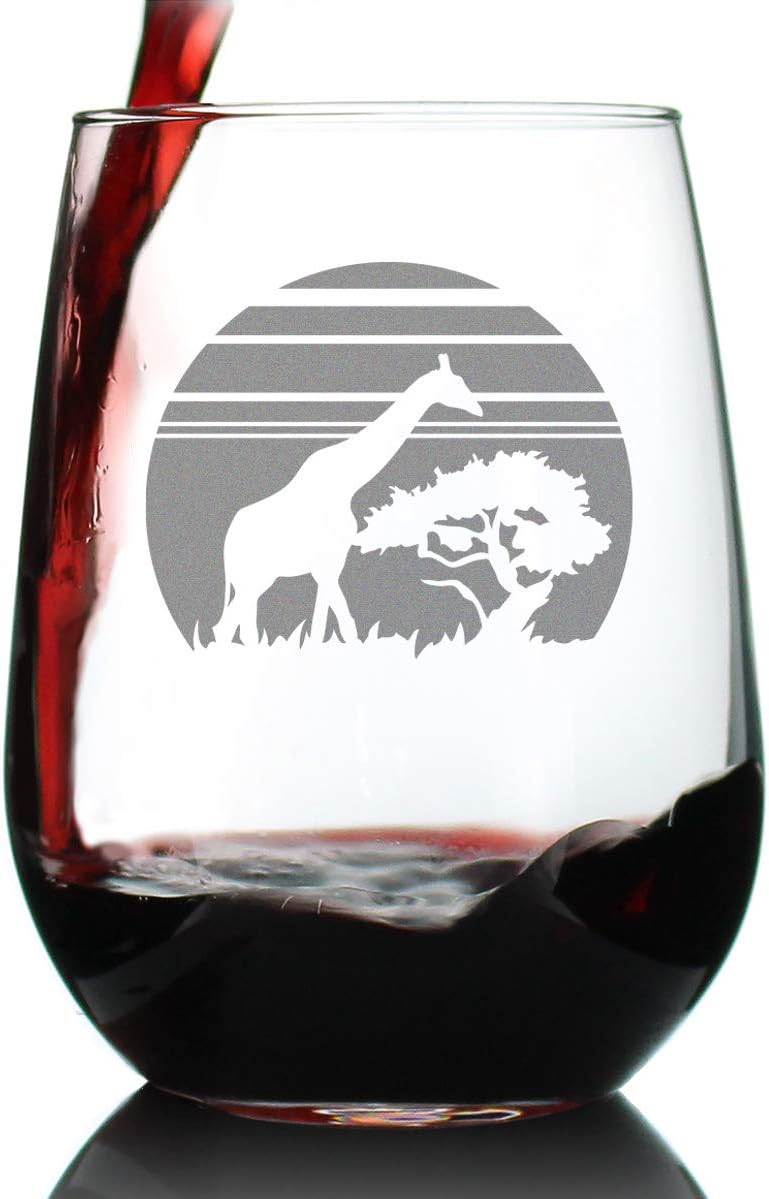 Bevvee Giraffe Sunset Stemless Wine Glass - Fun Safari Themed Decor and Gifts for Lovers of African Wild Animals - Set of 2 - Large 17 Oz Glasses