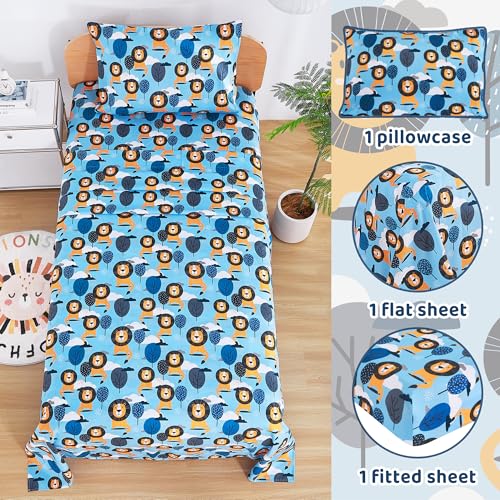 Image of Viviland 3 Pieces Boys Blue Twin Sheet Set - Soft Microfiber Fitted Flat Sheets & Pillowcase - Lion Tree Bedding Sets - for Kids & Toddlers