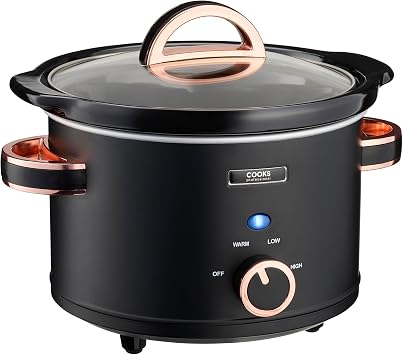 Cooks Professional Slow Cooker 2.5 Litre with Glass Lid, Cool Touch Handles, Dishwasher Safe Bowl, 2 Heat Settings & Keep Warm Function | Small Mini One Pot Cooking Machine | Black & Rose Gold