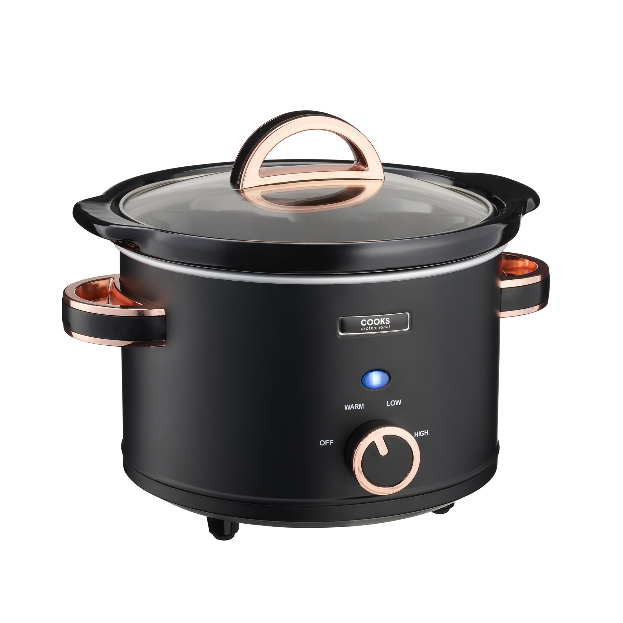 Cooks Professional Slow Cooker 2.5 Litre with Glass Lid, Cool Touch Handles, Dishwasher Safe Bowl, 2 Heat Settings & Keep Warm Function | Small Mini One Pot Cooking Machine | Black & Rose Gold