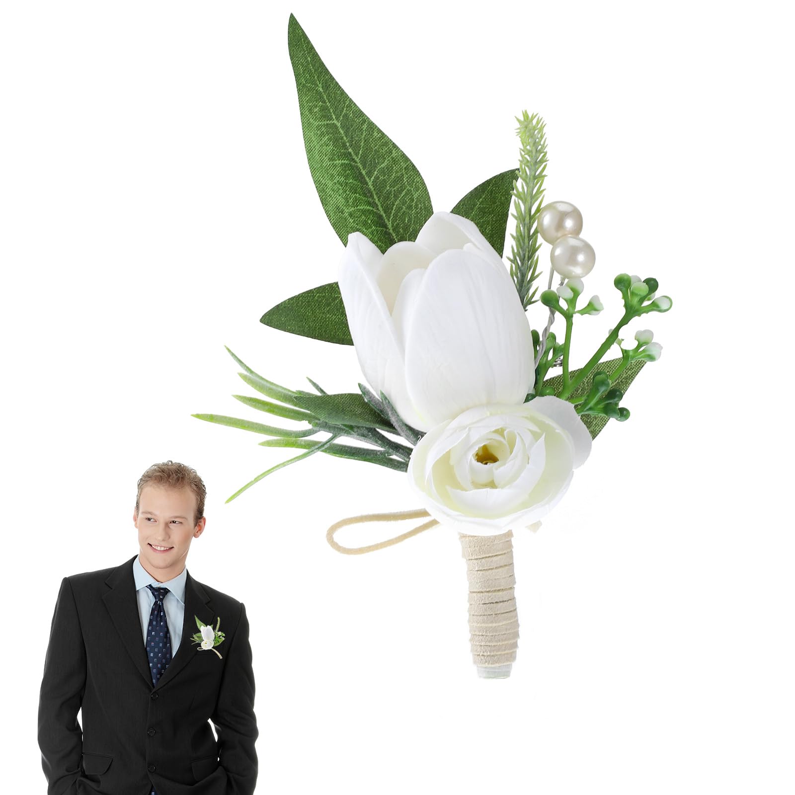 White Boutonniere for Men Wedding Flower Boutonniere Groom Rose Buttonholes Prom Suit Decoration Artificial Tulip Rose Flowers Boutonnieres for Wedding Prom Ceremony Anniversary Formal Dinner Party