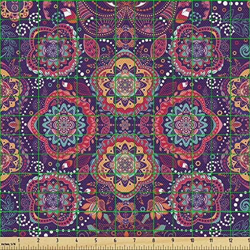 Lunarable Batik Fabric by The Yard, Eastern Droplet-Shaped Paisley Inspired Traditional Forms Vivid Colors Image, Decorative Fabric for Upholstery and Home Accents, 1 Yard, Purple Pink - 1