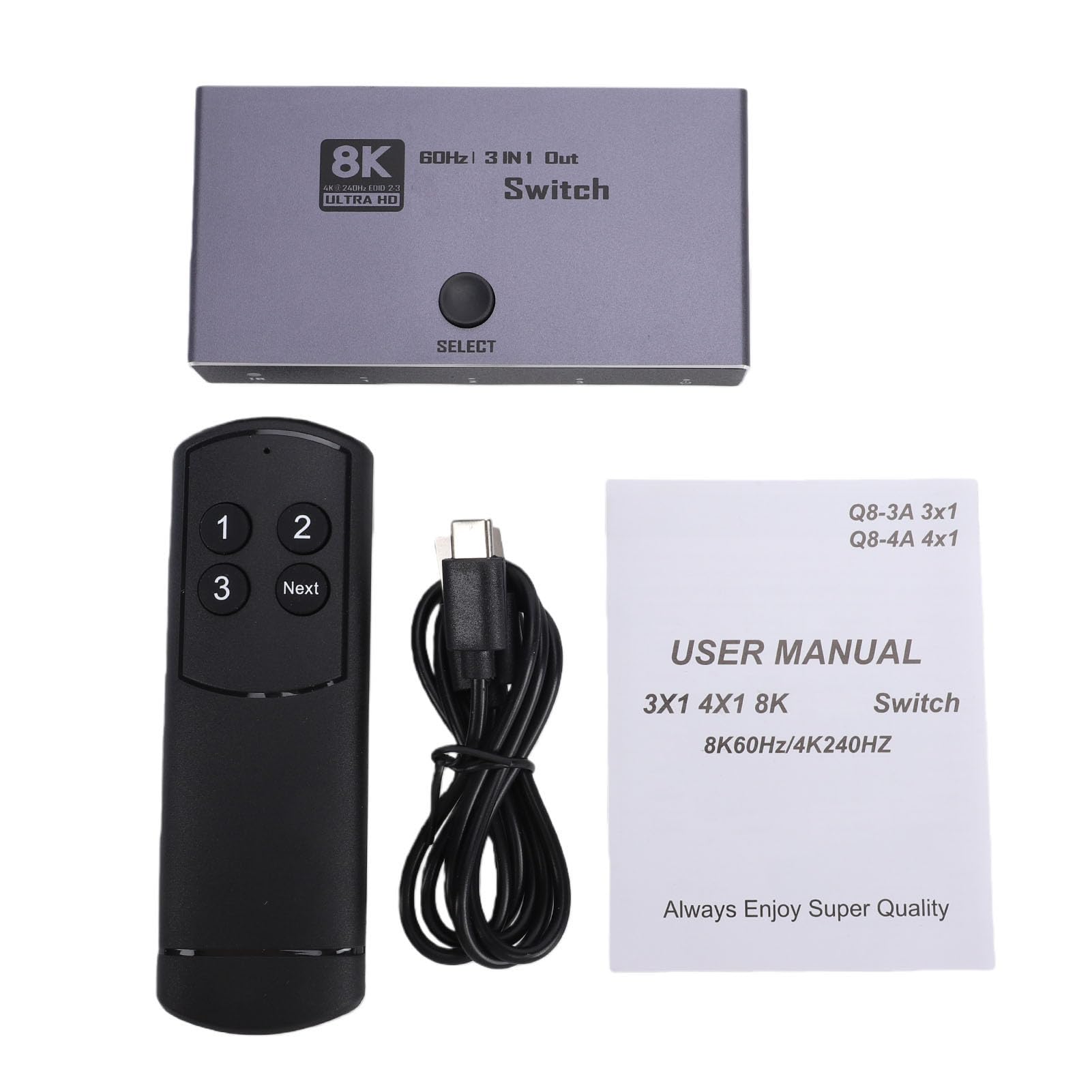 Fabater Switcher HDMI, 3 Ingressi e 1 Uscita, Selettore HDMI 8K 60Hz, Estrattore Audio con Telecomando, 48 Gbps, Supporto 4K 240Hz e 1080P 480Hz, Ideale per Gaming e streaming.